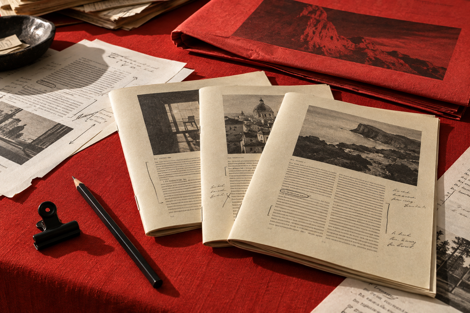 An editorial still life of red printed reading materials and layered pages